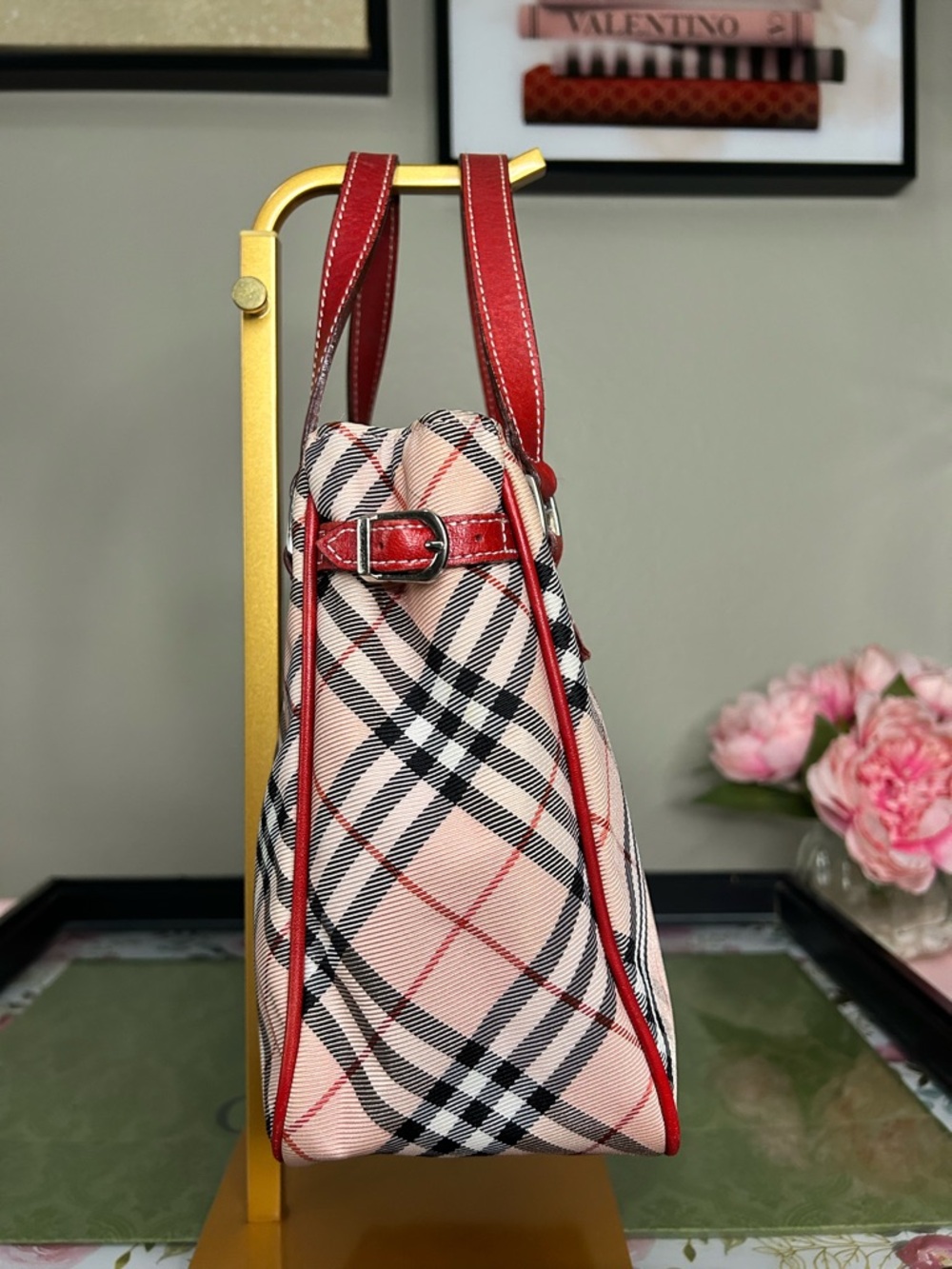 Vintage Burberry Nova Check Tote Bag Red Leather Trim Beige Plaid Shoulder Bag - Picture 3 of 13